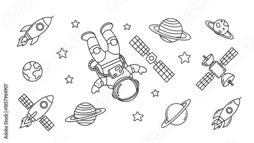 Astronaut and space elements black and white vector illustration