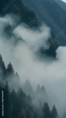 Majestic Mountain Range Covered in Fog with Dense Forests and Steep Slopes in Natural Sunrise Light