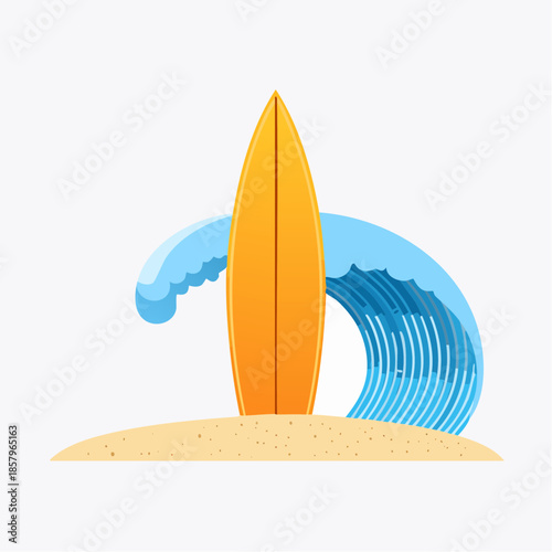 Surfboard on Beach with Wave Illustration.