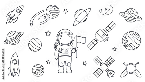 Astronaut and space elements illustration set rocket planets stars and satellite