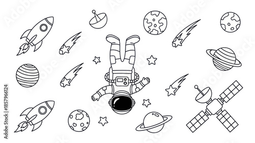 Astronaut and space objects illustration in black and white isolated on white