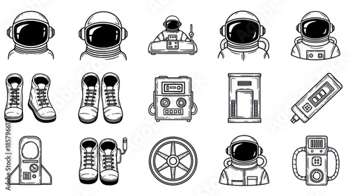 Astronaut equipment collection monochrome illustration isolated vector