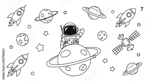 Astronaut explores space with planets rockets and stars in black and white