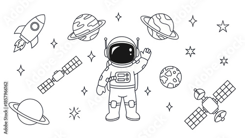 Astronaut exploring space with planets rocket and satellites in cartoon illustration