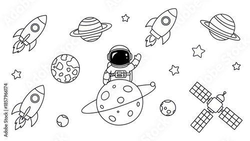 Astronaut exploring space with rockets planets and satellite vector illustration