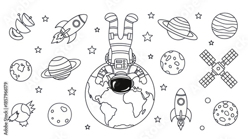 Tableau sur toile Astronaut floating above earth with space elements monochrome illustration