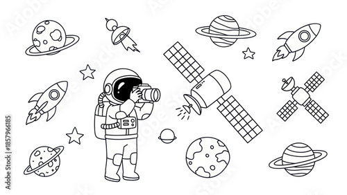 Astronaut exploring space with rockets planets and satellite vector illustration