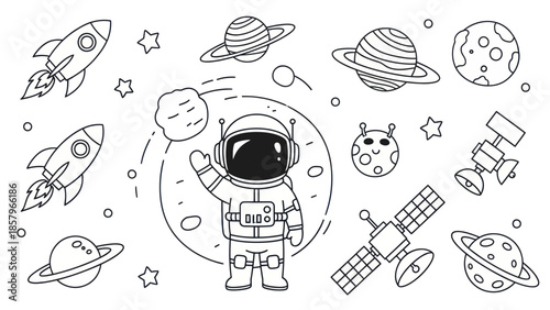 Astronaut exploring space with rockets planets and satellite vector illustration