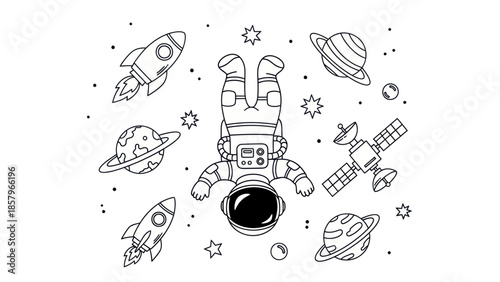 Astronaut floating in space with rockets planets and satellite illustration