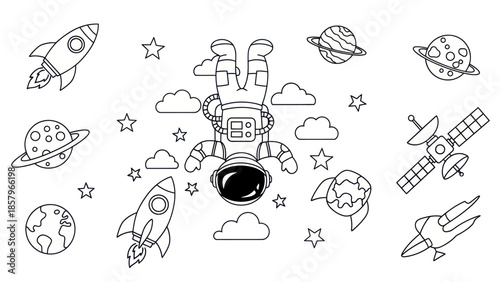 Astronaut floating in space with rockets planets stars and clouds