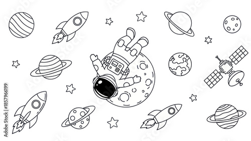Astronaut floating in space with rockets planets and stars illustration