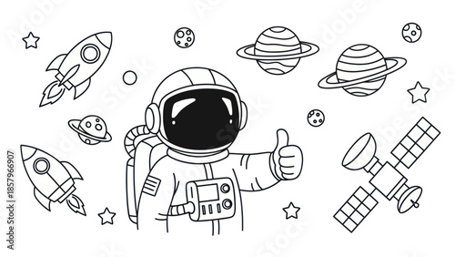 Astronaut in space with rockets and planets illustration for education