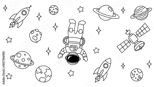 Astronaut in space with rockets and planets illustration on white background