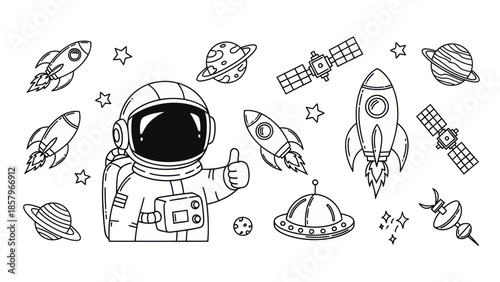 Astronaut in space with rockets and planets illustration design elements