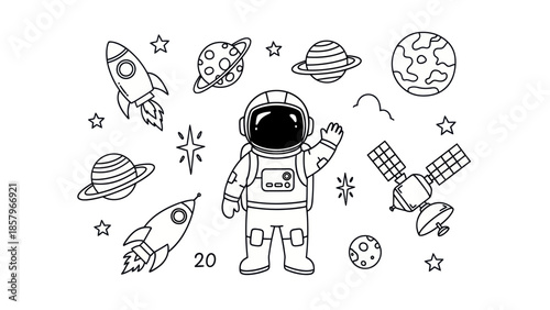 Astronaut in space with rockets and planets illustration on white background