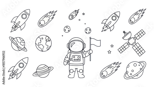 Astronaut in space with rockets comets planets and satellite outline