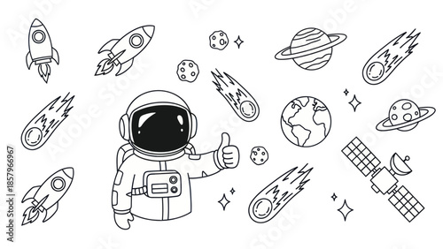 Astronaut in space with rockets planets and comets black and white illustration