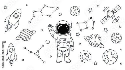 Astronaut in space with rockets planets and constellations vector illustration