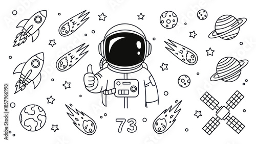Astronaut in space with rockets comets planets and stars black and white vector