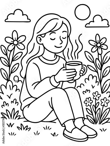 A Moment of Serenity: A young woman finds solace outdoors, holding a warm beverage and relishing the tranquil surroundings.