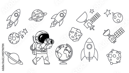 Astronaut in space with rockets planets and satellites vector illustration