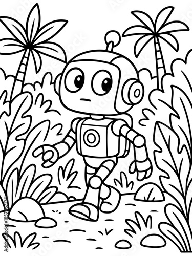 Robot's Jungle Adventure: An illustrated cartoon robot fearlessly explores a lush jungle environment filled with tall trees and vibrant plant life, embarking on a captivating journey.