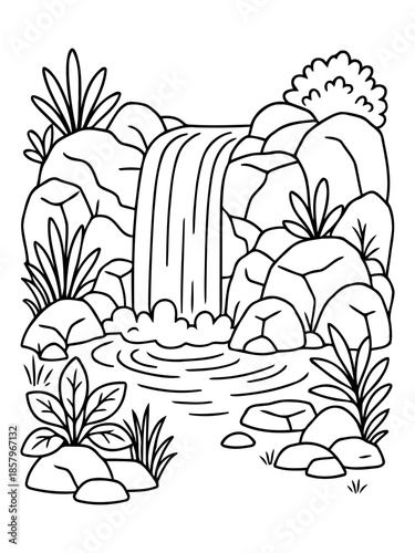 Waterfall Scene: A tranquil and serene waterfall cascades gently over rugged rocks, surrounded by lush vegetation, creating a peaceful and refreshing natural scene.