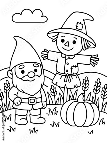 Autumn Gathering: A charming garden gnome stands alongside a friendly scarecrow, accompanied by a plump pumpkin, all set against a backdrop of harvested wheat fields, creating a scene of autumn cheer.