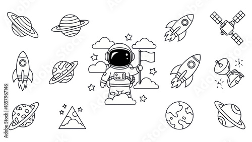 Astronaut in space with rockets planets and satellites vector illustration