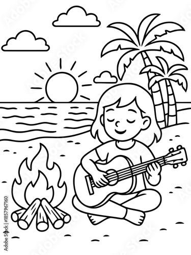 Beachside Serenade: A moment of tranquility captured as a figure enjoys playing the guitar near the beach under a tropical sun, evoking feelings of serenity and a love for music.