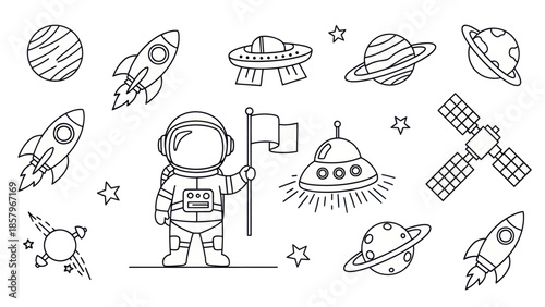 Astronaut in space with rockets planets and spacecrafts vector illustration