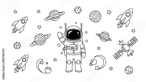 Astronaut in space with rockets planets stars and satellite illustration