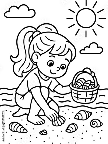Seashell Treasure Hunt: A young girl, lost in the sun-kissed joy of a seaside exploration, carefully gathers beautiful seashells. Her laughter and glee capture the essence of a perfect summer day.