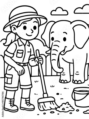 Caregiver's Duty: A cheerful caregiver tends to an adorable elephant, offering both care and compassion within a carefully cultivated environment.