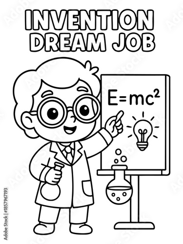 Young Inventor's Dream: A cartoon depiction of a young inventor pointing to a chalkboard, which displays a science formula, illustrating the concept of a dream job.