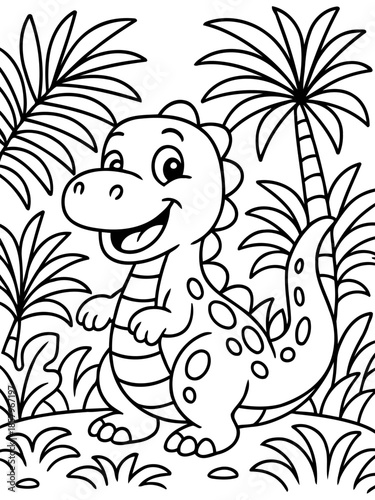 Dino Adventure: A charming dinosaur smiles amidst tropical foliage, ready for a prehistoric escapade.