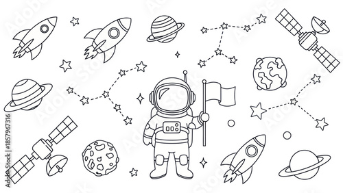 Astronaut in space with rockets satellites planets and constellations
