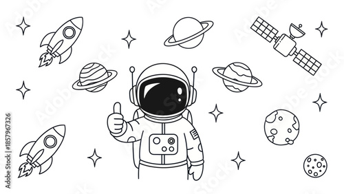 Astronaut in space with rocketship planets and satellite vector illustration