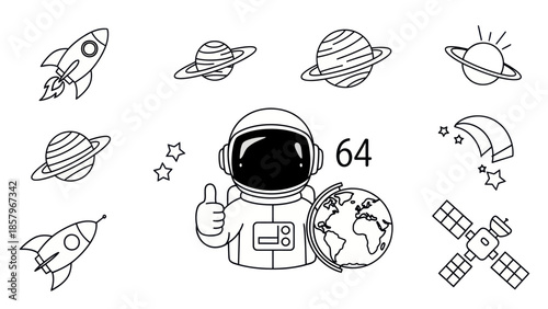 Astronaut in space with rocketship planets and satellite vector illustration