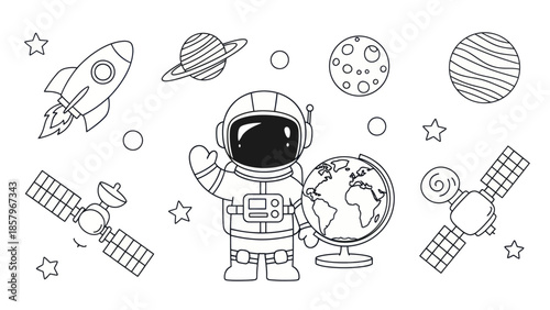 Astronaut in space with rocketship planets and satellites vector illustration