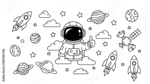 Astronaut in space with rockets planets stars and clouds in black and white