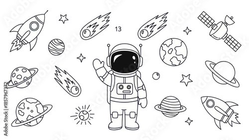 Astronaut in space with rocketship planets and stars vector illustration