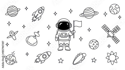 Astronaut in space with rocketship planets and stars vector illustration