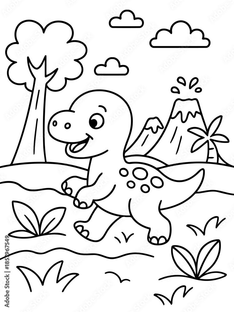 Fototapeta premium Dinosaur Adventure: A friendly, cartoon-like dinosaur embarks on an exciting adventure in a prehistoric landscape, offering a fun and imaginative illustration.
