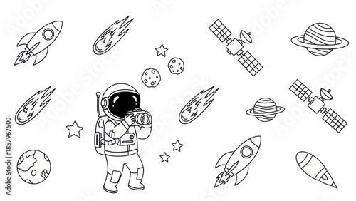 Astronaut photographing space elements rockets planets and satellites