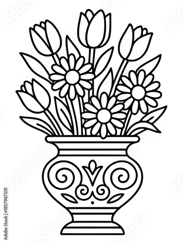 Floral Elegance: A delicate illustration presents a bouquet of tulips and daisies, meticulously arranged in a decorative vase, the simple lines inviting the viewer to appreciate the artful simplicity.