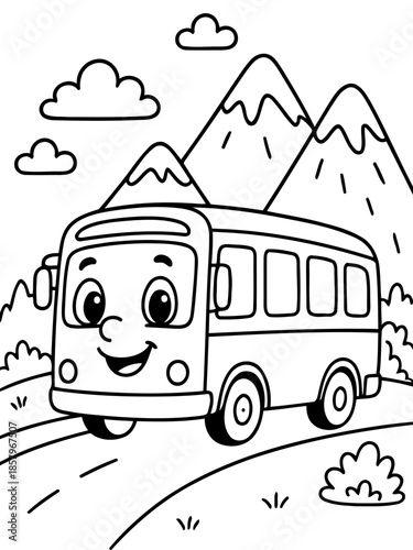 Smiling School Bus: A cheerful school bus illustration cruises along a winding road, with serene mountain and cloud in background, evoking a sense of adventure and childhood wonder.