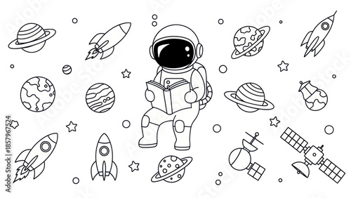 Astronaut reading book in space with rockets and planets illustration