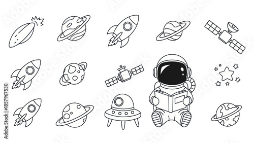 Astronaut reading amongst planets spaceships and celestial bodies in space