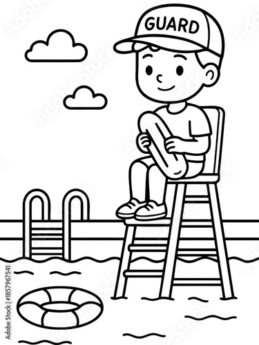 Lifeguard's Watch: A cartoon illustration of a vigilant lifeguard, perched on a high chair, keeping a watchful eye over a swimming pool.